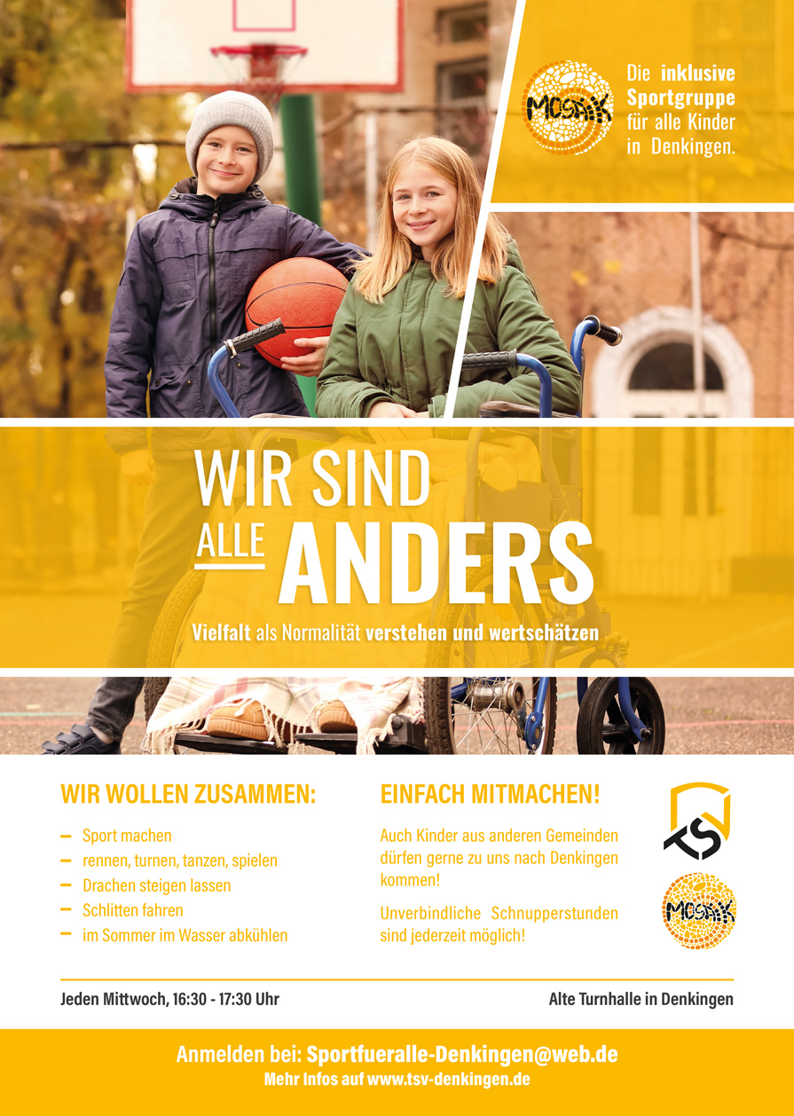 Plakat mit der Aussage "Wird sind alle anders". Zwei Kinder sind im Hintergrund draußen zu sehen: Ein junge mit einem Basketball und ein Mädchen im Rollstuhl.